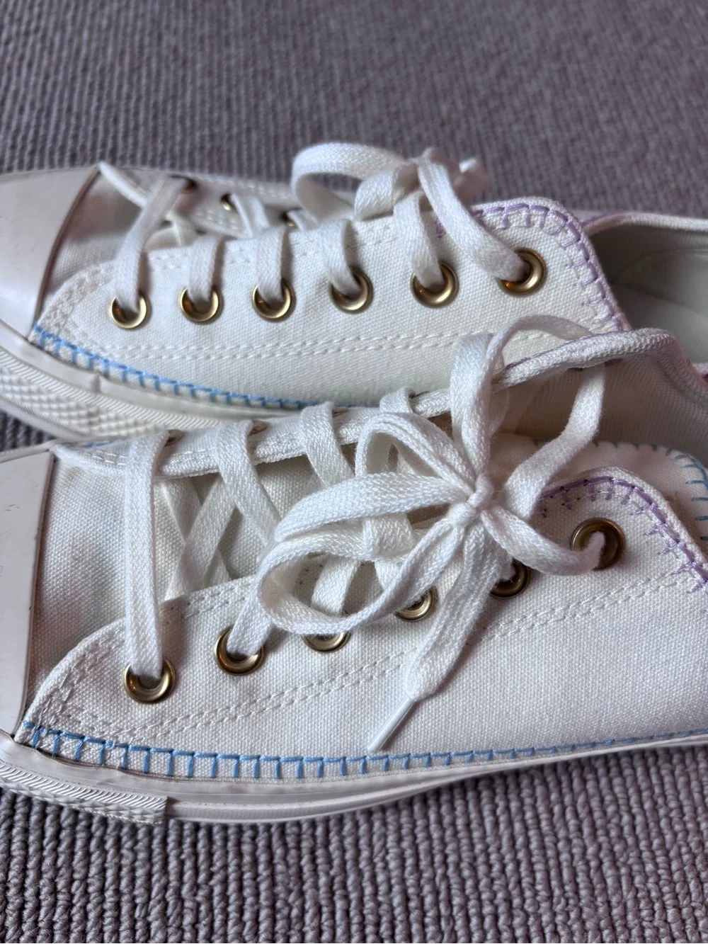 Converse White Low-Top Canvas Platform with Gold Eyelets and pastel stitching